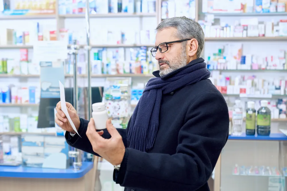 Älterer Mann liest in der Apotheke ein Rezept